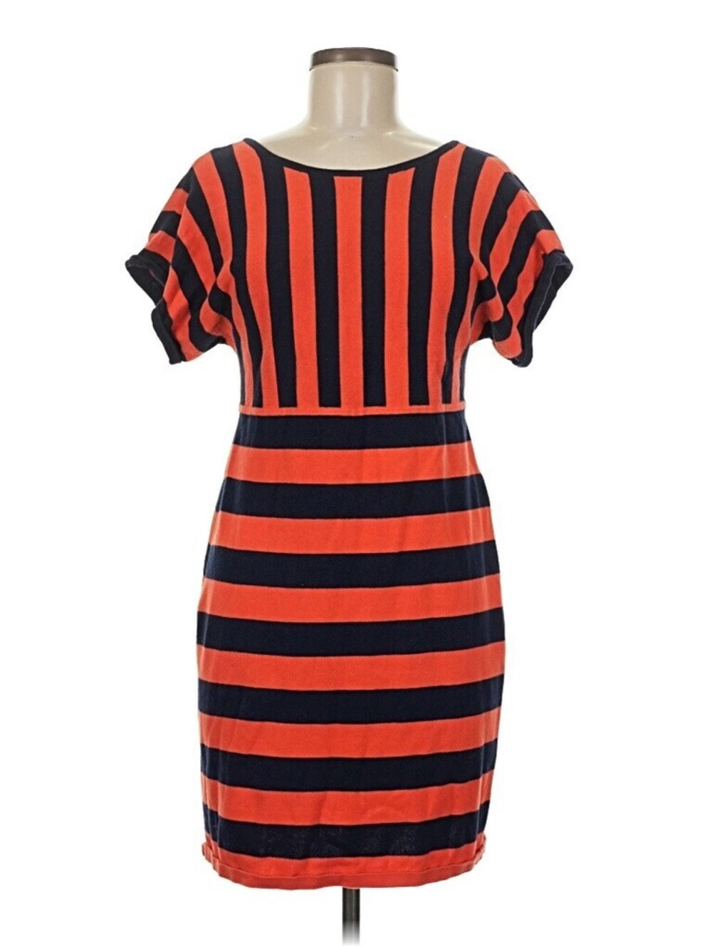 Trina Turk Medium $248 Orange Navy Striped 100% Cotton Boat Neck Midi Dress